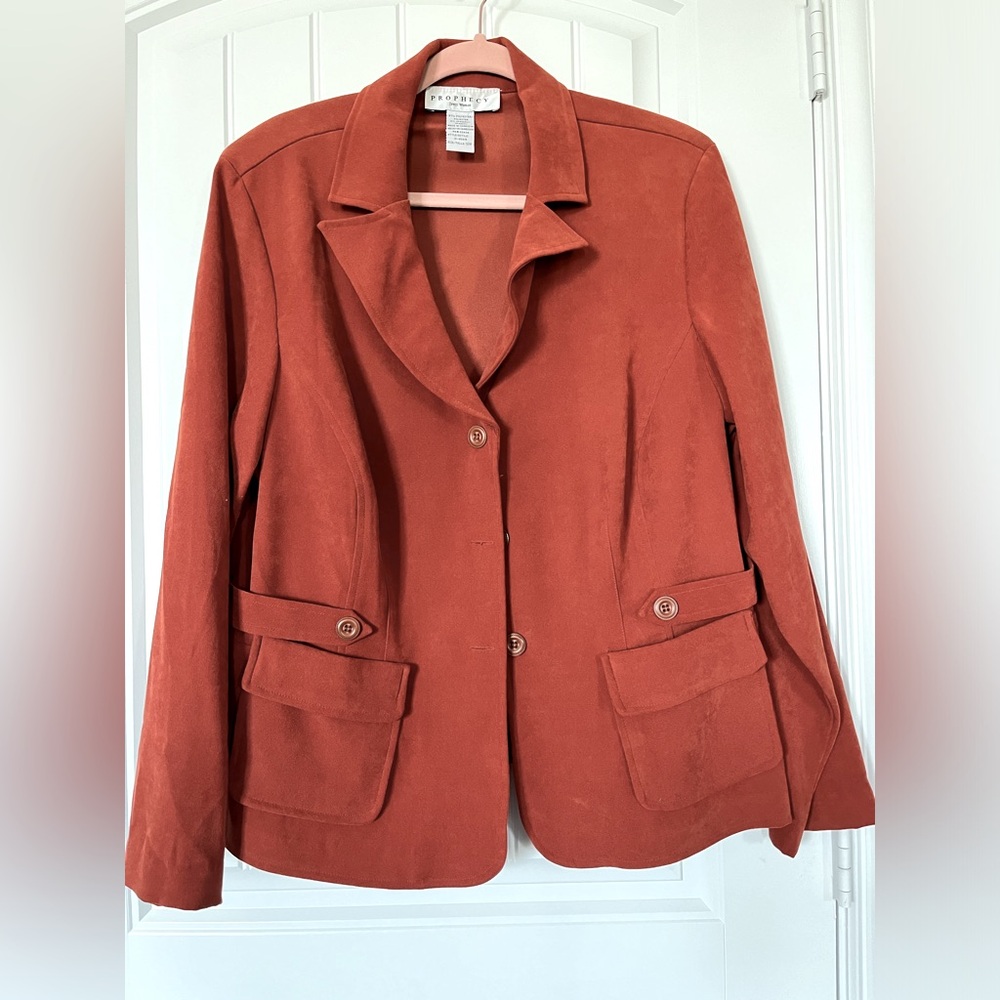 Prophecy women faux suede moleskin burnt orange stretch jacket size 16W cute